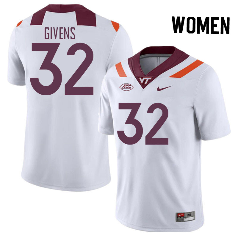 Women #32 Gunner Givens Virginia Tech Hokies College Football Jerseys Stitched Sale-White